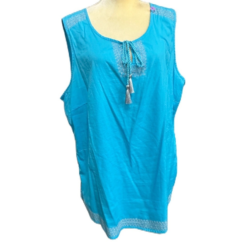 St. John's Bay Womens Split Tie Neck Short Sleeve Embroidered Blouse Plus Size2x